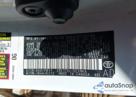 2017 Toyota Corolla Le z USA, uszkodzony, nr VIN 2T1BURHE3HC891291